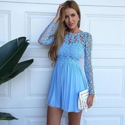 Sexy Short Sleeve Hollow Lace Blue Homecoming..