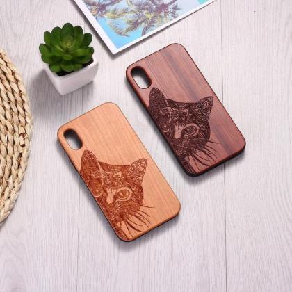 Real Wood Wooden Cute Cat Kitty Carved Cover Case..