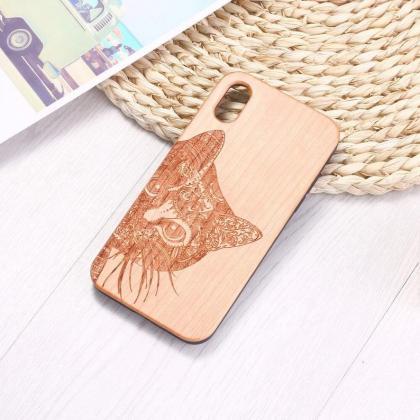 Real Wood Wooden Cute Cat Kitty Carved Cover Case..