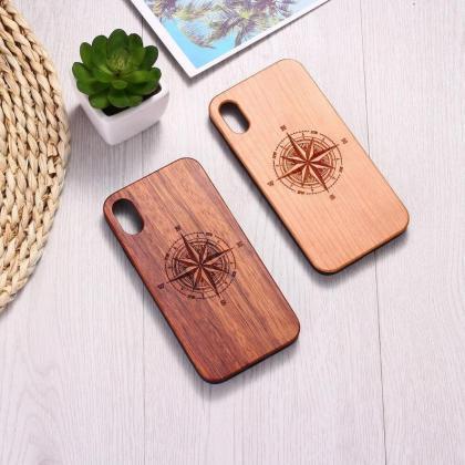 Real Wood Wooden Compass Travel Carved Cover Case..