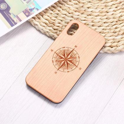 Real Wood Wooden Compass Travel Carved Cover Case..