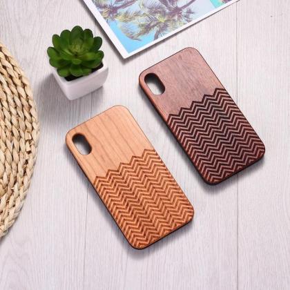 Real Wood Wooden Striped Waves Carved Cover Case..