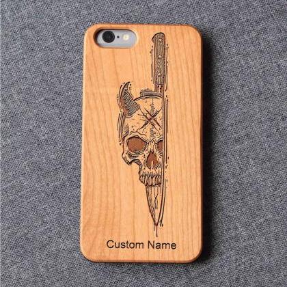 Skull And Knife Iphone Case For 13 Mini 11 X Wood..