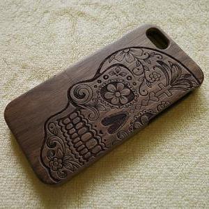 Engraved Skull Real Wood Case Cover For Iphone 5..