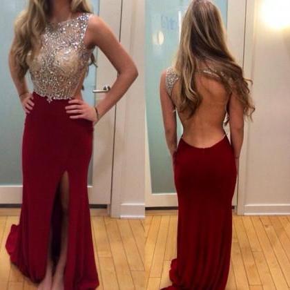 Pretty Sparkle Beaded Wine Red Slit Backless Prom..