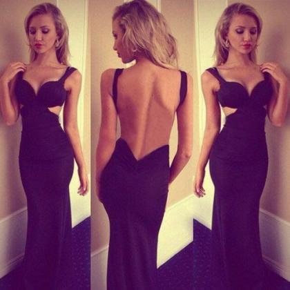 Sexy Black Backless Straps Long Prom Dresses,..
