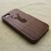 Wood iPhone case, wood iPhone 5S case, wood iPhone 5 case, deer head, laser engraving, real wood, wooden iPhone case