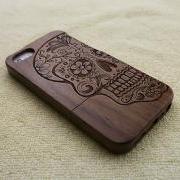 Wood iPhone case, wood iPhone 5S case, wood iPhone 5 case, floral skull, laser engraving, real wood, wooden iPhone case