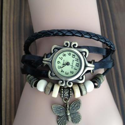 Handmade Vintage Real Leather Strap With Butterfly Decorated Watches Woman Girl Quartz Wrist Watch Bracelet Watch Black