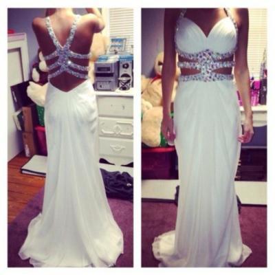 Pretty White Beaded Sexy Cross Back Prom Dresses 2015, Evening Dresses, Prom Gowns , White Formal Dresses