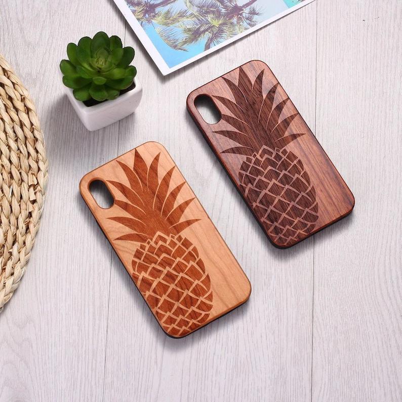 Real Wood Wooden Pineapple Fruit Tropic Carved Cover Case For Iphone 5 5s Se 6 6s 7 8 Plus X Xs Xr Max 11 12 Pro Max