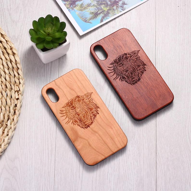 Real Wood Wooden Tiger Cat Carved Cover Case For Iphone 5 5s Se 6 6s 7 8 Plus X Xs Xr Max 11 12 Pro Max