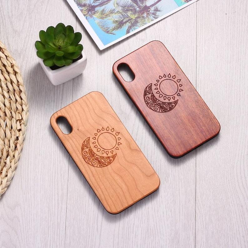 Real Wood Wooden Moon And Sun Zen Carved Cover Case For Iphone 5 5s Se 6 6s 7 8 Plus X Xs Xr Max 11 12 Pro Max