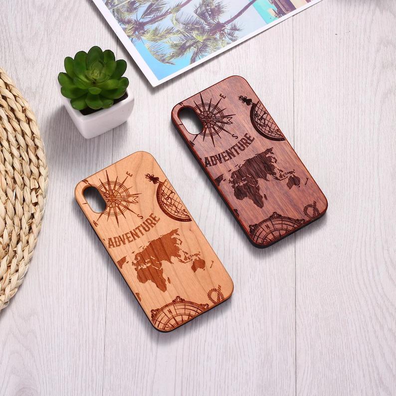 Real Wood Wooden Map Travel Adventure Compass Carved Cover Case For Iphone 5 5s Se 6 6s 7 8 Plus X Xs Xr Max 11 12 Pro Max
