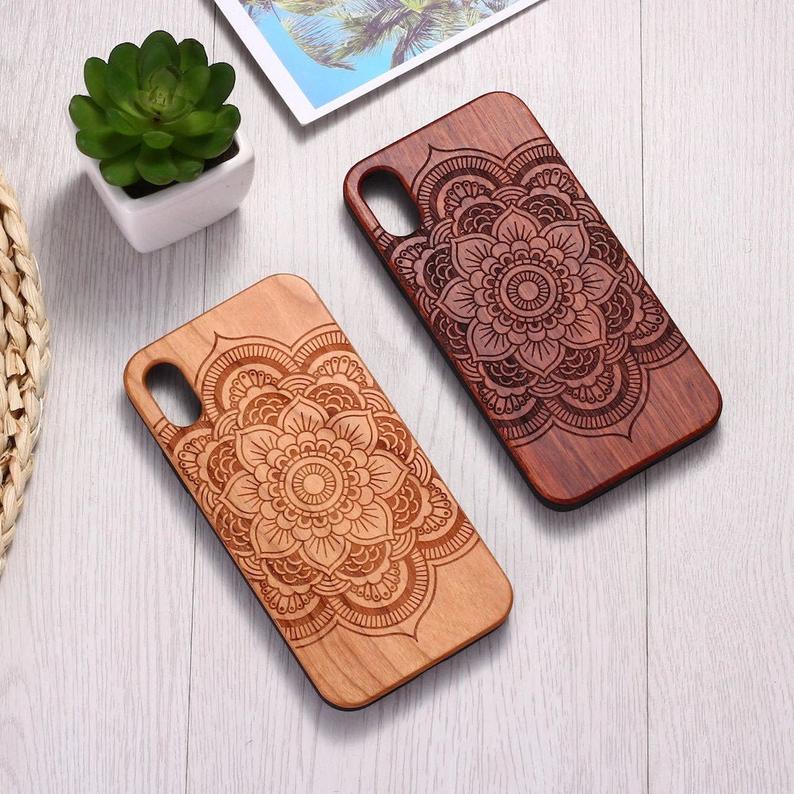 Real Wood Wooden Beautiful Floral Mandala Boho Carved Cover Case For Iphone 5 5s Se 6 6s 7 8 Plus X Xs Xr Max 11 12 Pro Max