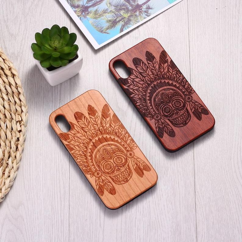 Real Wood Wooden Indian Chief Skull Carved Cover Case For Iphone 5 5s Se 6 6s 7 8 Plus X Xs Xr Max 11 12 Pro Max