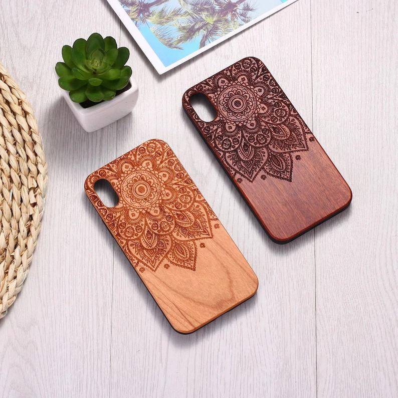 Real Wood Wooden Floral Mandala Boho Hindu Carved Cover Case For Iphone 5 5s Se 6 6s 7 8 Plus X Xs Xr Max 11 12 Pro Max