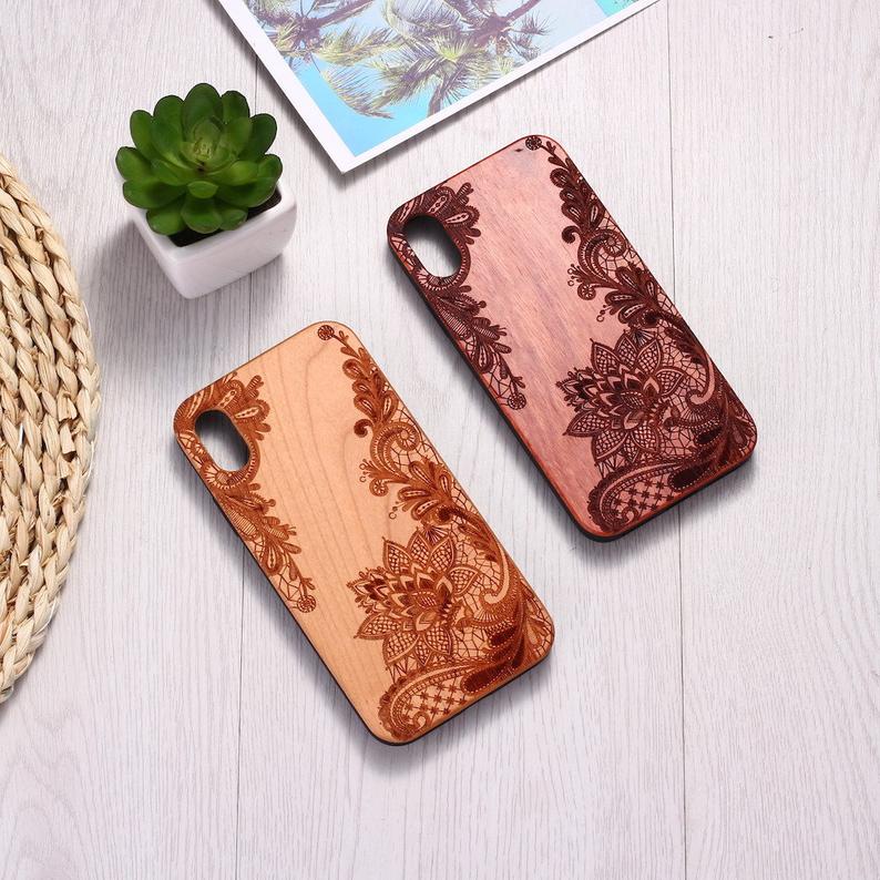 Real Wood Wooden Vintage Floral Lotus Flower Carved Cover Case For Iphone 5 5s Se 6 6s 7 8 Plus X Xs Xr Max 11 12 Pro Max