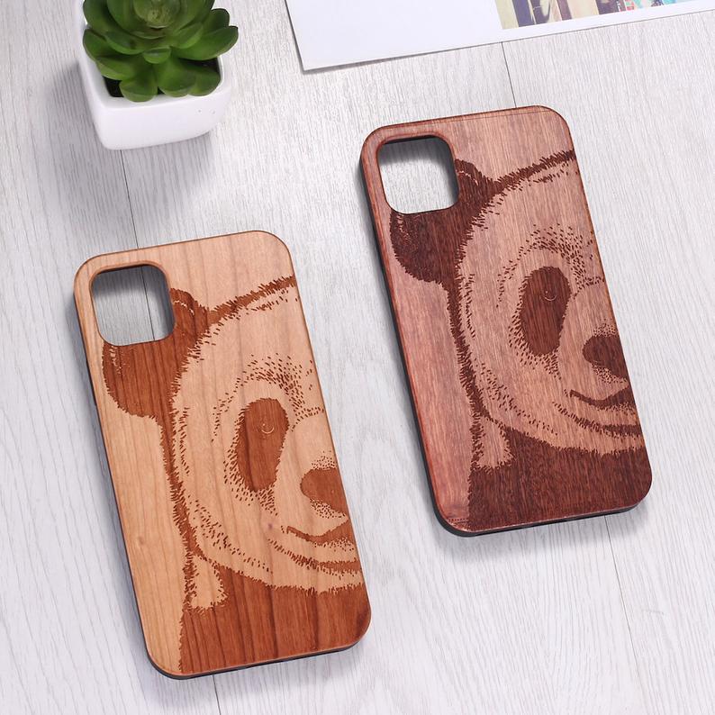 Real Wood Wooden Cute Panda Bear Cartoon Carved Cover Case For Iphone 5 5s Se 6 6s 7 8 Plus X Xs Xr Max 11 12 Pro Max