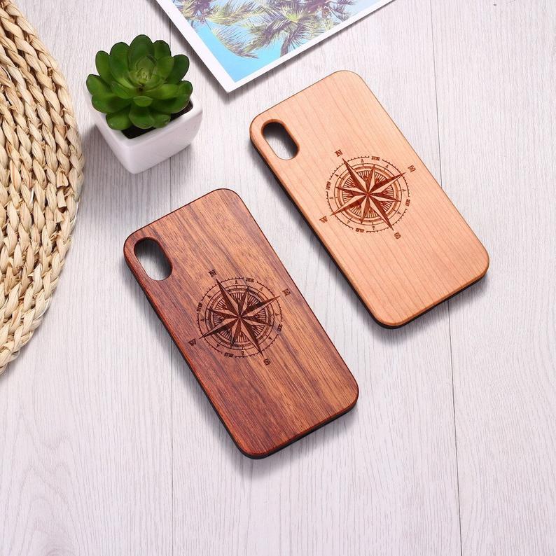 Real Wood Wooden Compass Travel Carved Cover Case For Iphone 5 5s Se 6 6s 7 8 Plus X Xs Xr Max 11 12 Pro Max