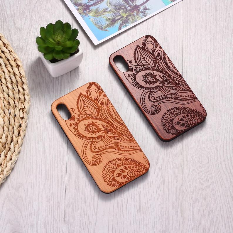 Real Wood Wooden Vintage Floral Lotus Flower Henna Paisley Carved Cover Case For Iphone 5 5s Se 6 6s 7 8 Plus X Xs Xr Max 11 12 Pro Max