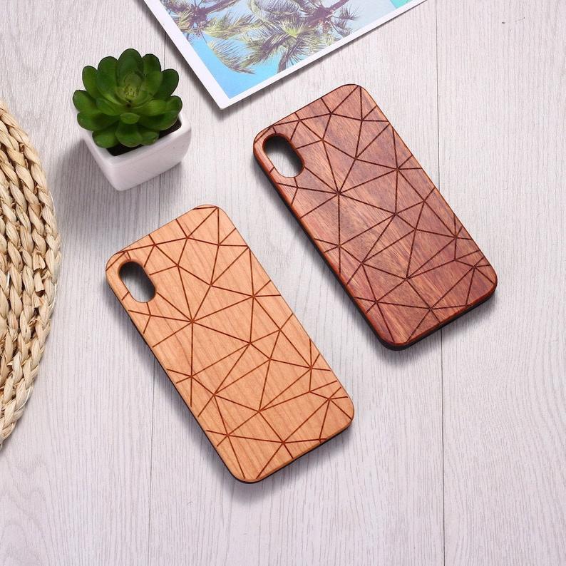 Real Wood Wooden Geometric Pattern Carved Cover Case For Iphone 5 5s Se 6 6s 7 8 Plus X Xs Xr Max 11 12 Pro Max