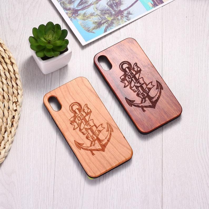 Real Wood Wooden Anchor Lost At Sea Quote Carved Cover Case For Iphone 5 5s Se 6 6s 7 8 Plus X Xs Xr Max 11 12 Pro Max