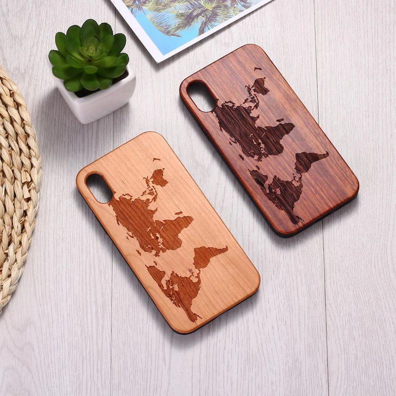Real Wood Wooden Travel World Map Adventure Carved Cover Case For Iphone 5 5s Se 6 6s 7 8 Plus X Xs Xr Max 11 12 Pro Max