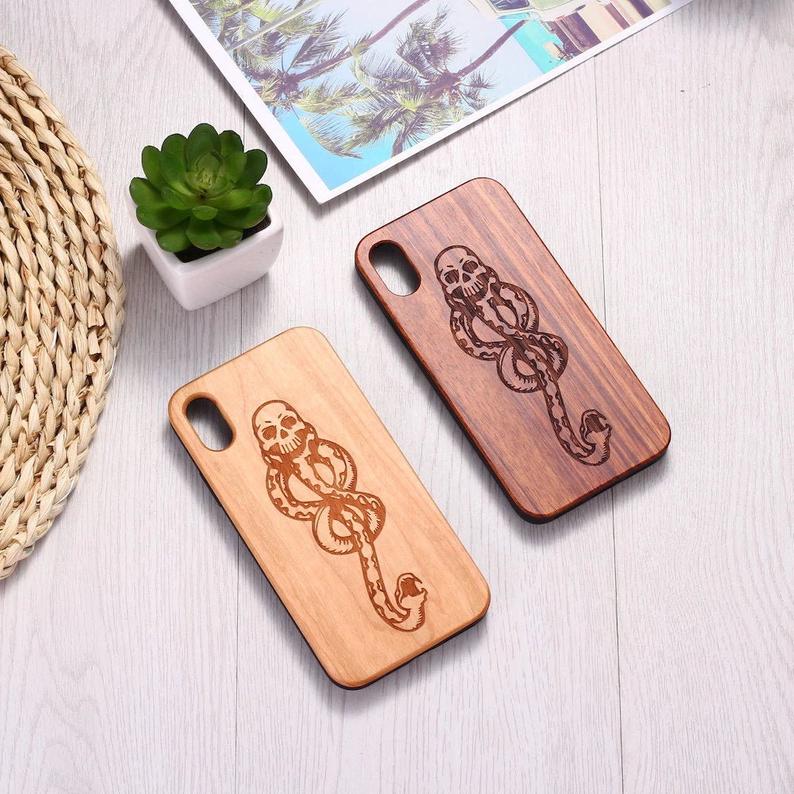Real Wood Wooden Snake Skull Death Eater Sign Carved Cover Case For Iphone 5 5s Se 6 6s 7 8 Plus X Xs Xr Max 11 12 Pro Max