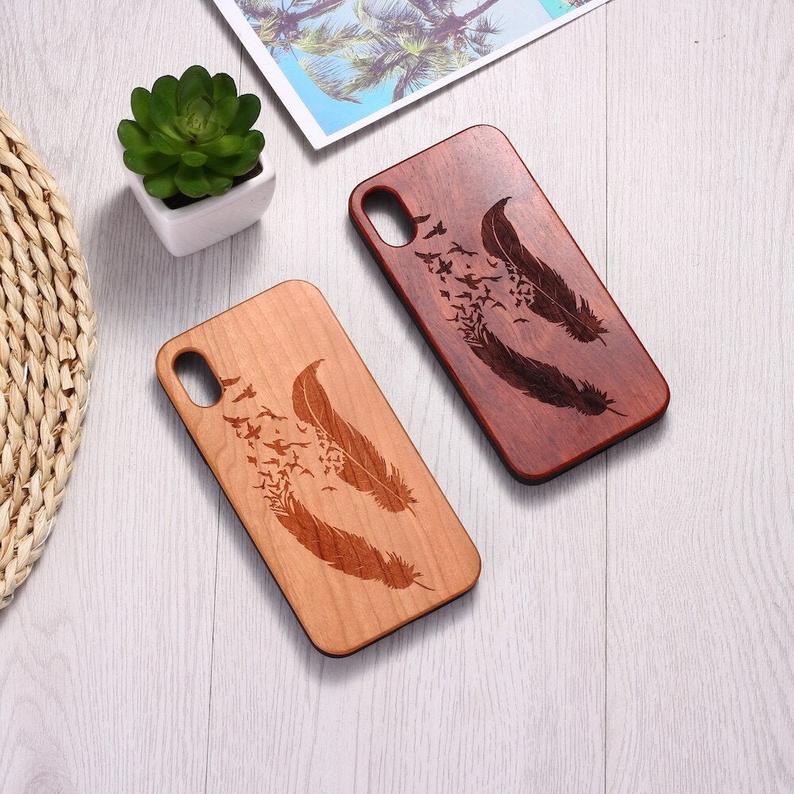 Real Wood Wooden Cute Beautiful Feather Birds Boho Carved Cover Case For Iphone 5 5s Se 6 6s 7 8 Plus X Xs Xr Max 11 12 Pro Max