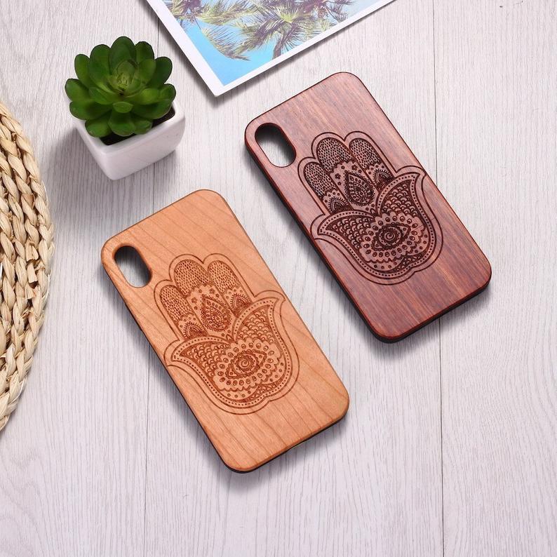 Real Wood Wooden Hamsa Hamza Hand Of Fatima Carved Cover Case For Iphone 5 5s Se 6 6s 7 8 Plus X Xs Xr Max 11 12 Pro Max