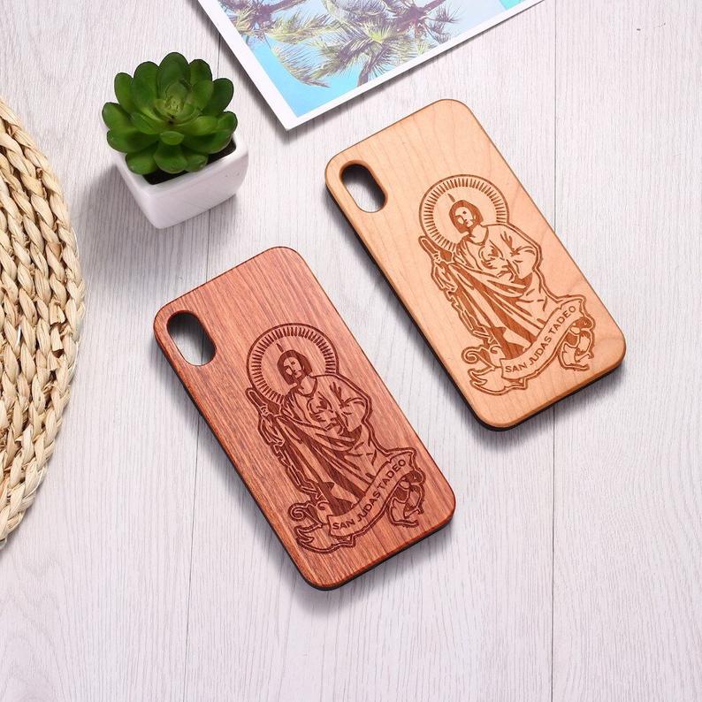 Real Wood Wooden San Judas Tadeo Christian Carved Cover Case For Iphone 5 5s Se 6 6s 7 8 Plus X Xs Xr Max 11 12 Pro Max