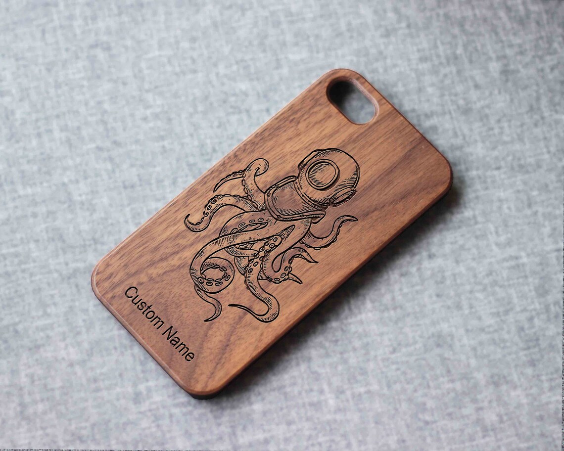 Diving Octopus Iphone Case For 13 Mini 11 X Wood Iphone Case Iphone 12 Wood Case Iphone 13 Pro Max, Iphone 12 Case