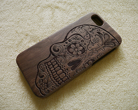 Engraved Skull Real Wood Case Cover For Iphone 5 5s Se 6 6s 7 8 Plus X Xs Xr Max 11 12 Pro Max, Floral Skull, Cool, Laser Engraving, Wooden