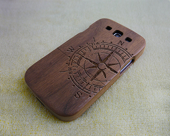 Wood Phone Case, Wood Samsung Galaxy S3 Case, Natural Wood Galaxy S3 Case, Compass, Real Wood, Walnut,