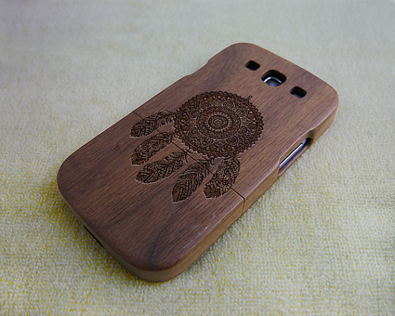 Wood Phone Case, Wood Samsung Galaxy S3 Case, Galaxy S3 Case, Natural Wood Case, Dream Catcher, Laser Engraving, Real Wood, Walnut