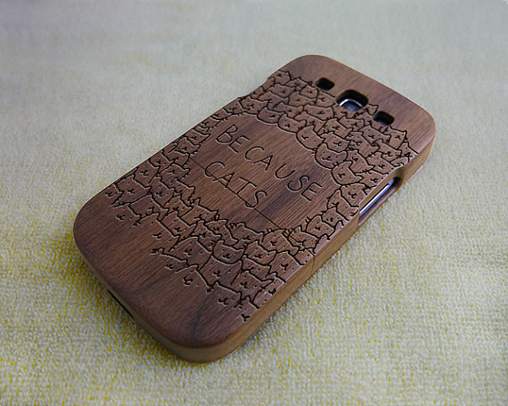 Wood Phone Case, Wood Samsung Galaxy S3 Cat Case, Natural Wood Galaxy S3 Case, Cute Cats, Laser Engraving, Real Wood, Walnut
