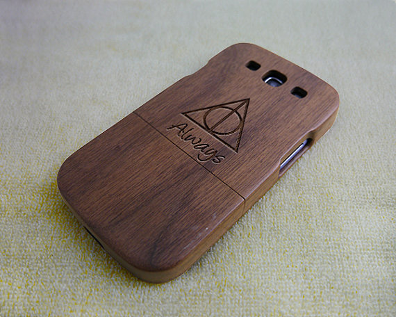 Wood Phone Case, Wood Galaxy S3 Case, Natural Wood Case, Deathly Hallows Always, Laser Engraving, Real Wood, Walnut