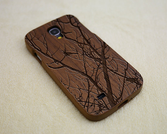 Wood Phone Case, Wood Samsung Galaxy S4 Case, Galaxy S4 Case, Natural Wood Case, Birds On Tree, Laser Engraving, Real Wood, Walnut,