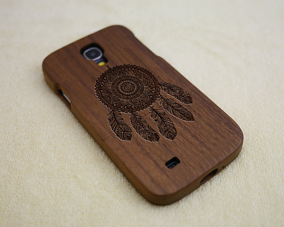 Wood Samsung Galaxy S4 Case, Galaxy S4 Case, Natural Wood Case, Wood Phone Case, Dream Catche, Laser Engraving, Real Wood, Walnut
