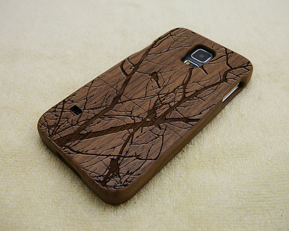 Wood Samsung Galaxy S5 Case, Birds On Tree, Galaxy S5 Case, Natural Wood Case, Birds On Tree, Laser Engraving, Real Wood, Walnut