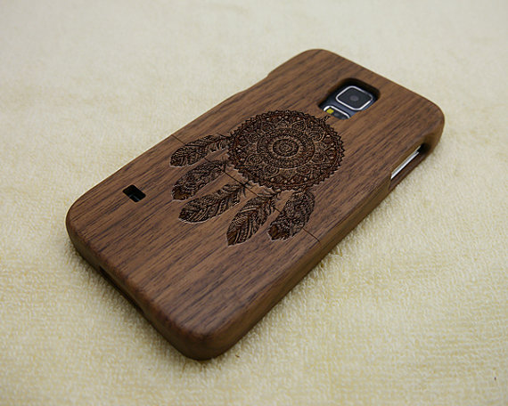Wood Samsung Galaxy S5 Case, Dream Catche Galaxy S5 Case, Natural Wood Phone Case, Dream Catche, Laser Engraving, Real Wood, Walnut