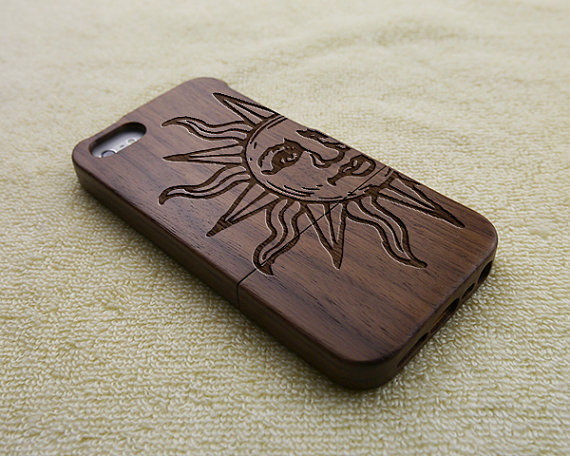 Wood Iphone Case, Wood Iphone 5s Case, Wood Iphone 5 Case, Retro Sun, Laser Engraving, Real Wood, Wooden Iphone Case