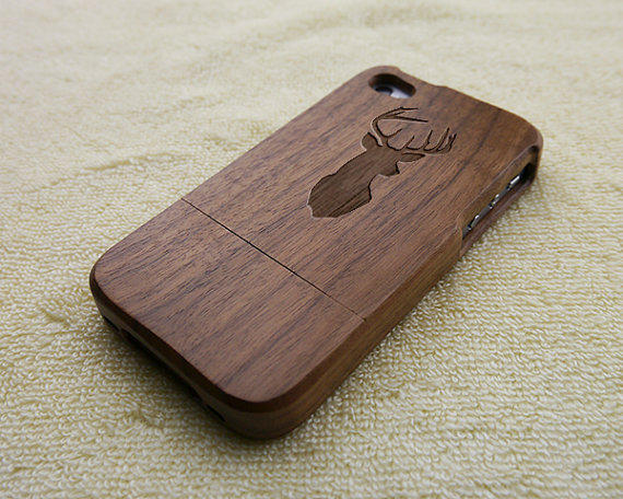 Wood Iphone Case, Wood Iphone 4s Case, Wood Iphone 4 Case, Deer Head, Cool, Real Wood Case, Laser Engraving, Wooden Iphone Case,