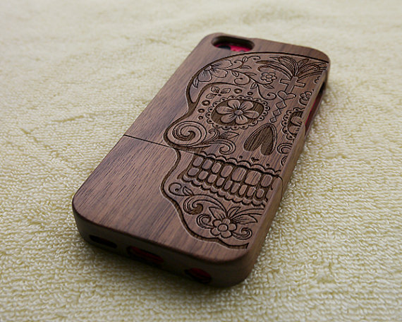 Wood Iphone Case, Wood Iphone 5c Case, Wooden Iphone 5c Case, Floral Skull, Laser Engraving, Real Wood, Wooden Iphone Case