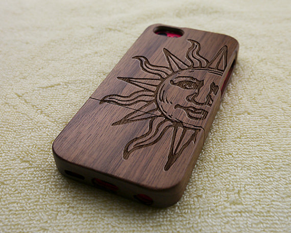 Wood Iphone Case, Wood Iphone 5c Case, Wooden Iphone 5c Case, Retro Sun, Laser Engraving, Real Wood, Wooden Iphone Case