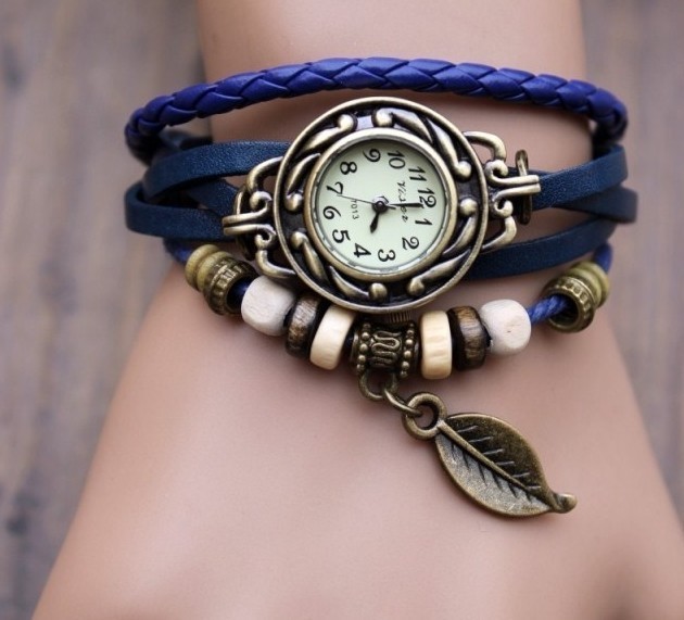 Handmade Vintage Woman Girl Lady Quartz Wrist Watch Style Leather Band Watches Blue