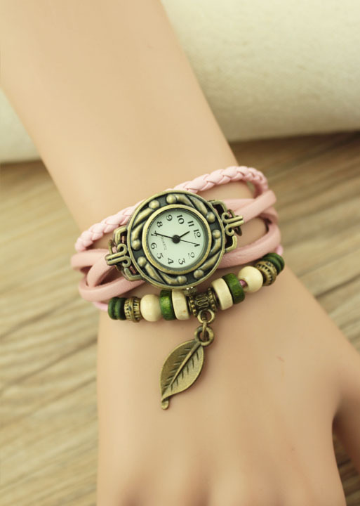 Handmade Vintage Woman Girl Lady Quartz Wrist Watch Style Leather Band Watches Pink