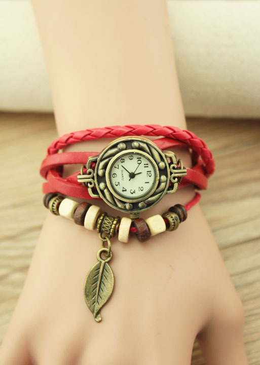 Handmade Vintage Woman Girl Lady Quartz Wrist Watch Style Leather Band Watches Red