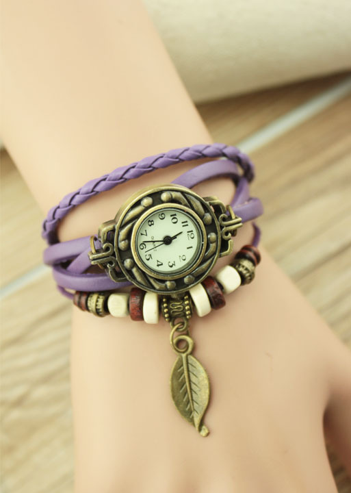 Handmade Vintage Woman Girl Lady Quartz Wrist Watch Style Leather Band Watches Purple